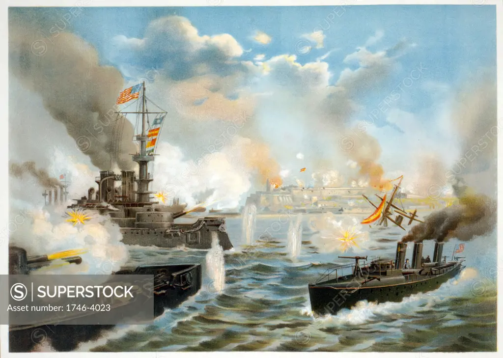 Spanish-American War 1898: US Navy warships in action. Centre left the first class cruiser armoured Brooklyn. A torpedo boat, front right.   Print c1898.