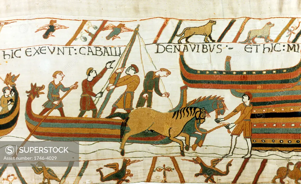 Bayeux Tapestry 1067:  Horses being unloaded from Norman boats at Pevensey, south coast of England, 28 September 1066.  Battle of Hastings between William of Normandy and Harold of England, 14 October 1066. Invasion Textile Linen