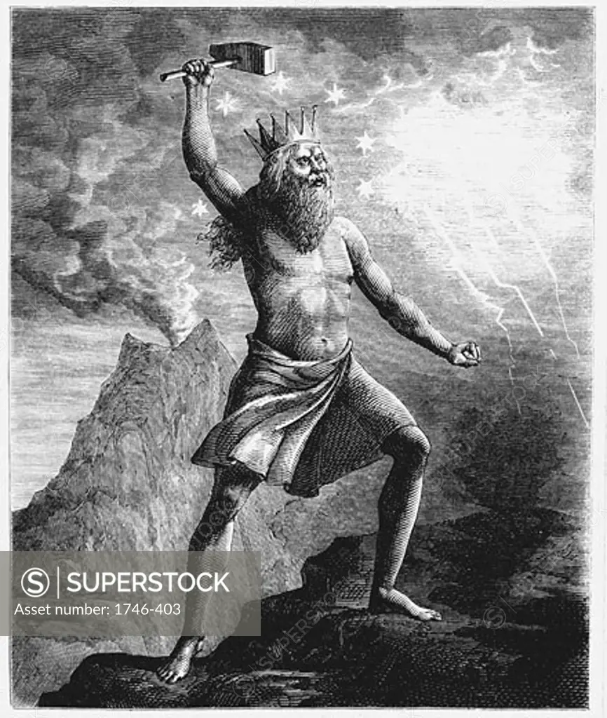 Thor, son of Odin. God of thunder shown wielding his hammer, symbolising thunder and lightning., 1874, Wood engraving