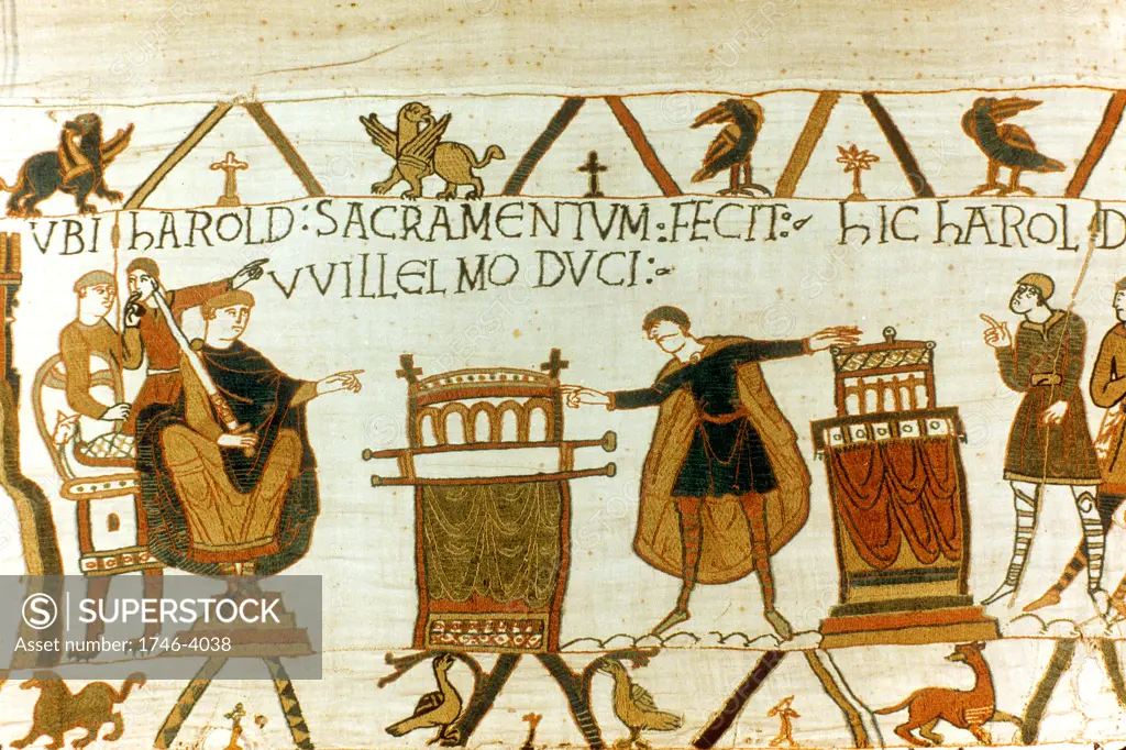 Bayeux Tapestry 1067:  Harold Godwinson, Earl of Wessex (Harold II) swearing oath of fealty to William of Normandy (William I, the Conqueror) on holy relics, 1064.  William used this oath to boost his claim to English throne. Textile