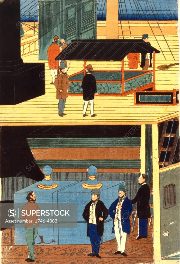 Cross-section of a European ship showing men in European dress on deck, top, and men on the lower deck: Yokahama, Japan, 1861. Utagawa Yoshikazu (active c1850-1870) Japanese artist. Commerce Trade Merchant