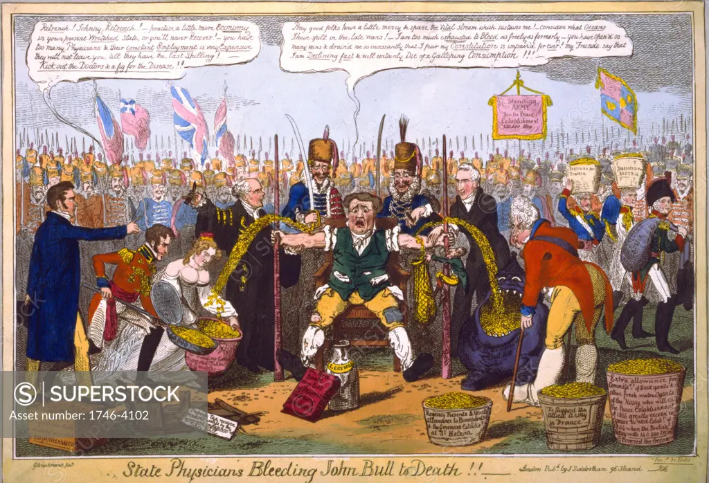 State Physicians Bleeding John Bull to Death!!, G Cruikshank cartoon 1816. From left:  Lord Brougham, Prince Leopold and Princess Charlotte, Chancellor of Exchequer, John Bull, Castlereagh, George IV, Prussia, Austria, Russia taking gold.