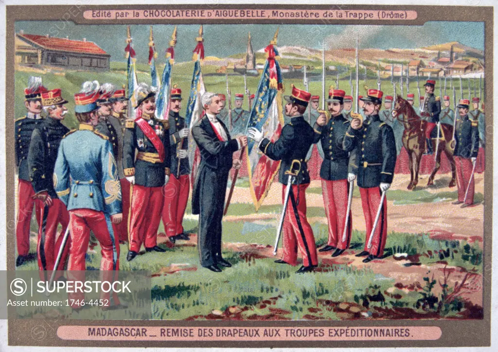 First Franco-Hova War 1883-1886:  Presentation of the flag to the French Expeditionary Force.  War ended with the Treaty of Tamatave, January 1886.  France Colonisation Malagassy Madagascar Chromolithograph Trade Card