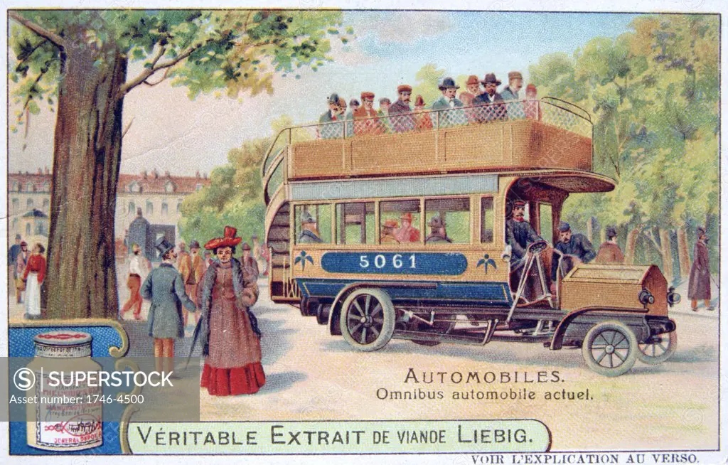 Motorised omnibus with glazed lower passenger and open upper deck accessed by outside staircase.   Liebig Trade Card c1910. Transport Public Automobile