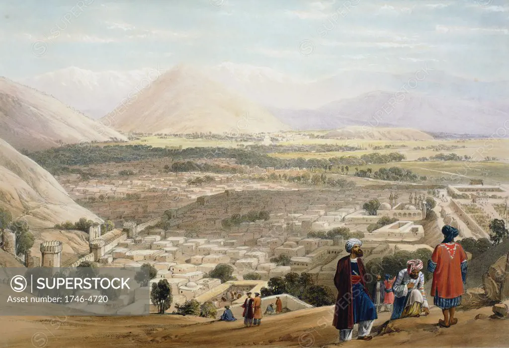 First Anglo-Afghan War 1838-1842: Cabul (Kabul) from Citadel, showing old walled city. British troops massacred here in first and second Anglo-Afghan Wars. From J Atkinson Sketches in Afghanistan London 1842. Hand-coloured lithograph.