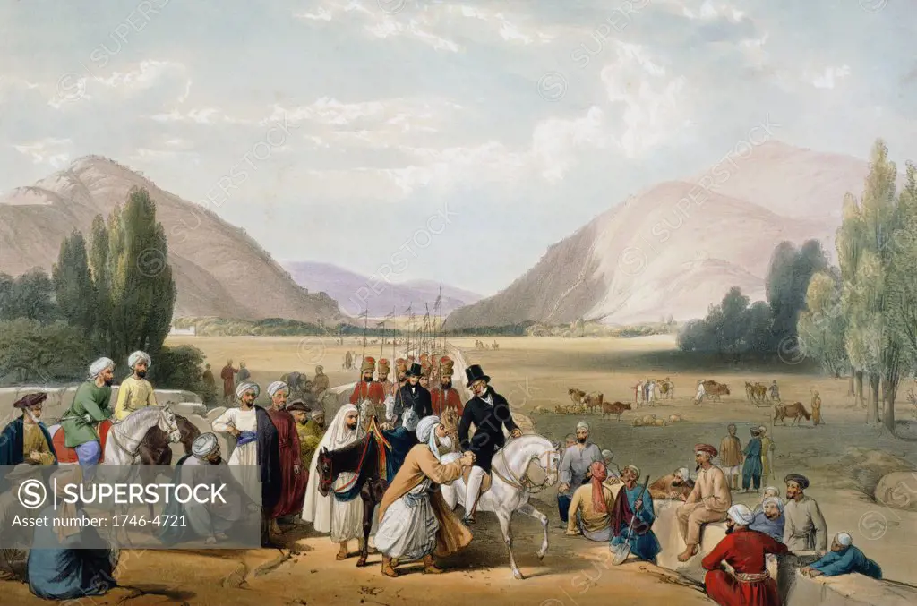 First Anglo-Afghan War 1838-42: Dost Mohammed Khan surrendering to William MacNaghten (1793-1841) taking his morning ride outside Cabul (Kabul). MacNaghten shot by Akbar Khan 23 December 1841. From J Atkinson Sketches in Afghanistan London 1842. Hand-coloured lithograph.