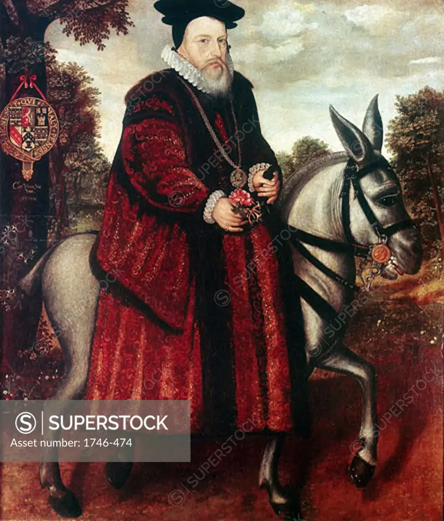 William Cecil, 1st Baron Burghley (1520-98) English statesman, chief secretary of state to Elizabeth I from 1558, Cecil in crimson robe riding a white mule