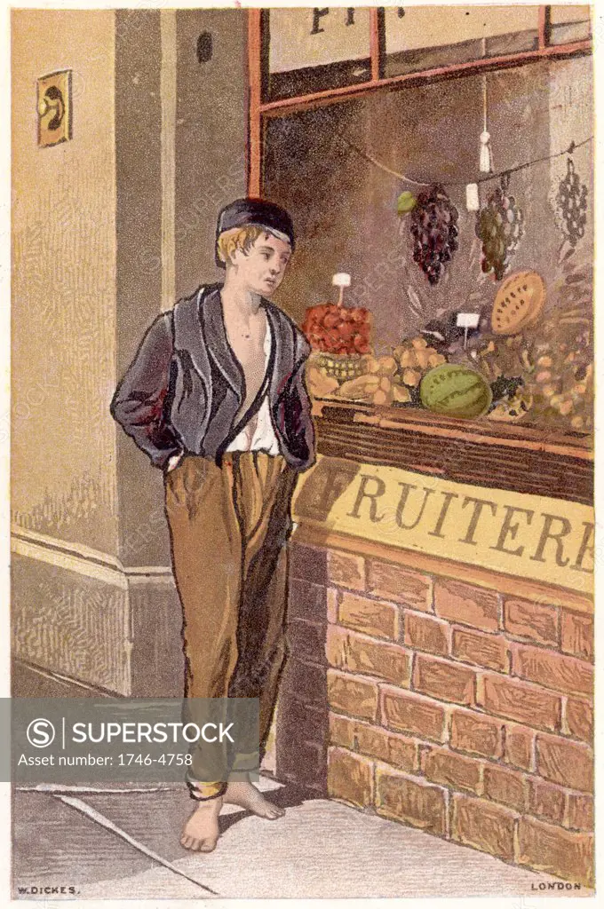 Temptation: Poor shoeless boy looking longingly at fruits on display in a shop window.  Chromolithograph c1880