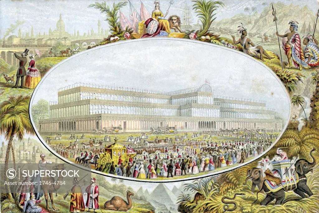 Crystal Palace, London, designed by Joseph Paxton: Queen Victoria arriving to open Great Exhibition, 1 May 1851. Emblems of British Empire surrounding corners. Le Blond print