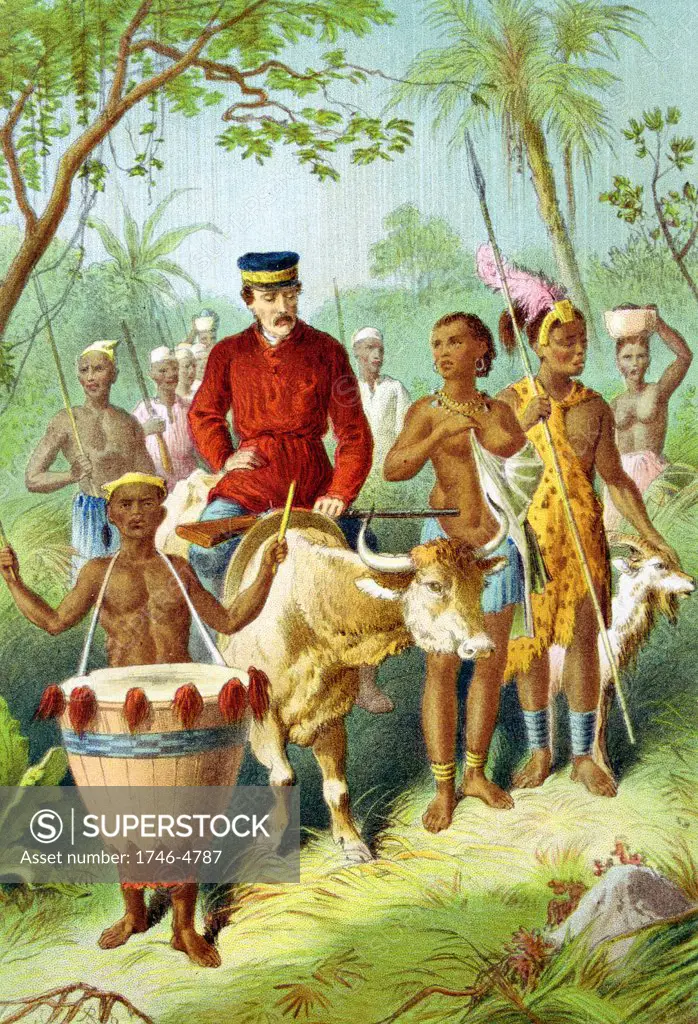 David Livingstone (1813-183) Scottish missionary and explorer. During African travels explored the Zambesi and 'discovered' Victoria Falls.Livingstone, weak with fever, being escorted into Shinte's town. From The Life and Explorations of David Livingstone