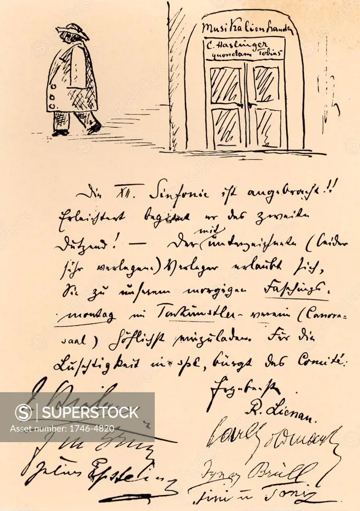 Invitation to a carnival at the Tonkunstlerverein, Vienna. Cartoon shows Anton Bruckner (1824-1896) leaving the office of Haslinger, Beethoven's publisher: The twelfth symphony has been worked off!! Relieved, he starts the second dozen.   Signed by Johnnes Brahms, J.M. Grun, Julius Epstein, R. Lienau, Carl Goldmark, Brull, and Mr & Mrs Anton Door.