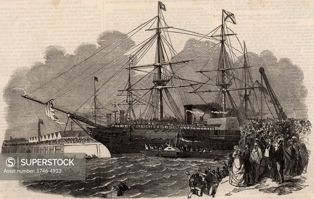 Crimean (Russo-Turkish) War 1853-1856. The British Coldstream Guards on the steamer 'The Orinoco' leaving Southampton, England.  From The Illustrated London News (London, 4 March 1854).