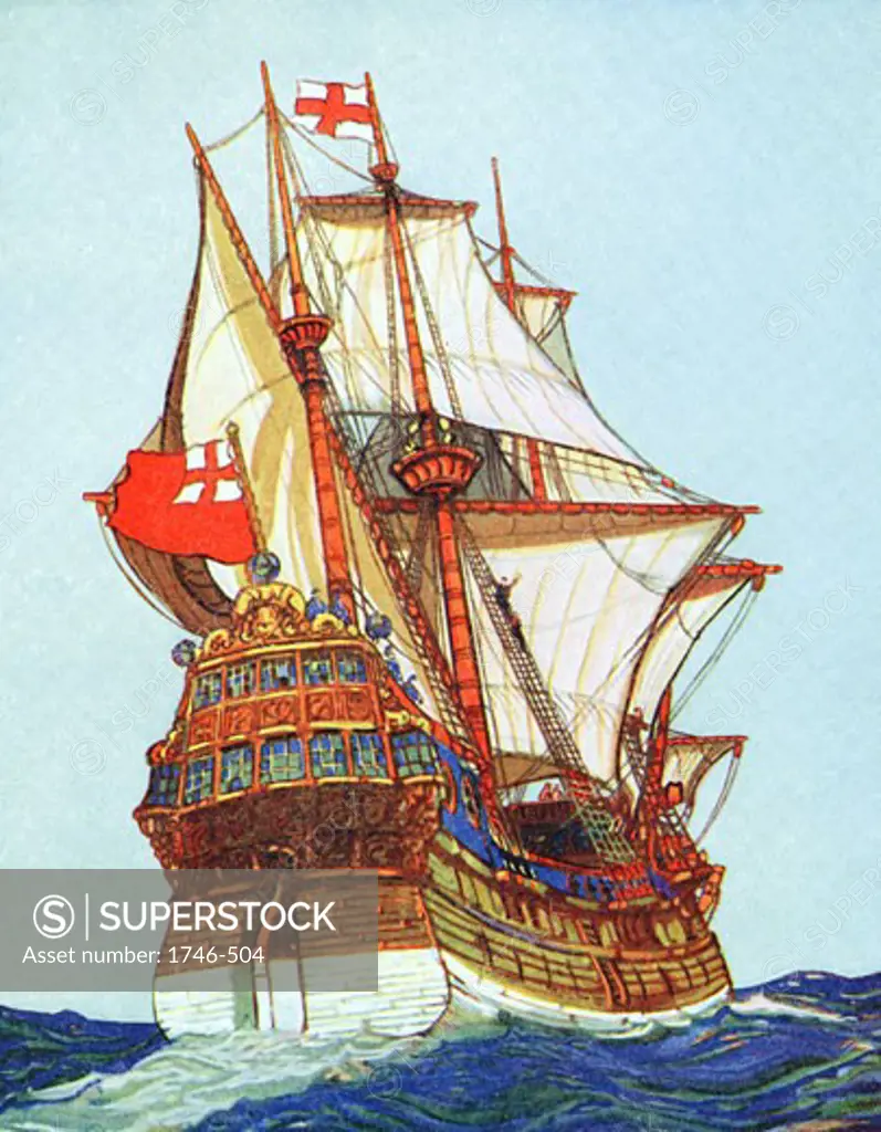 Tudor ships of the type used by privateers and explorers Book illustration