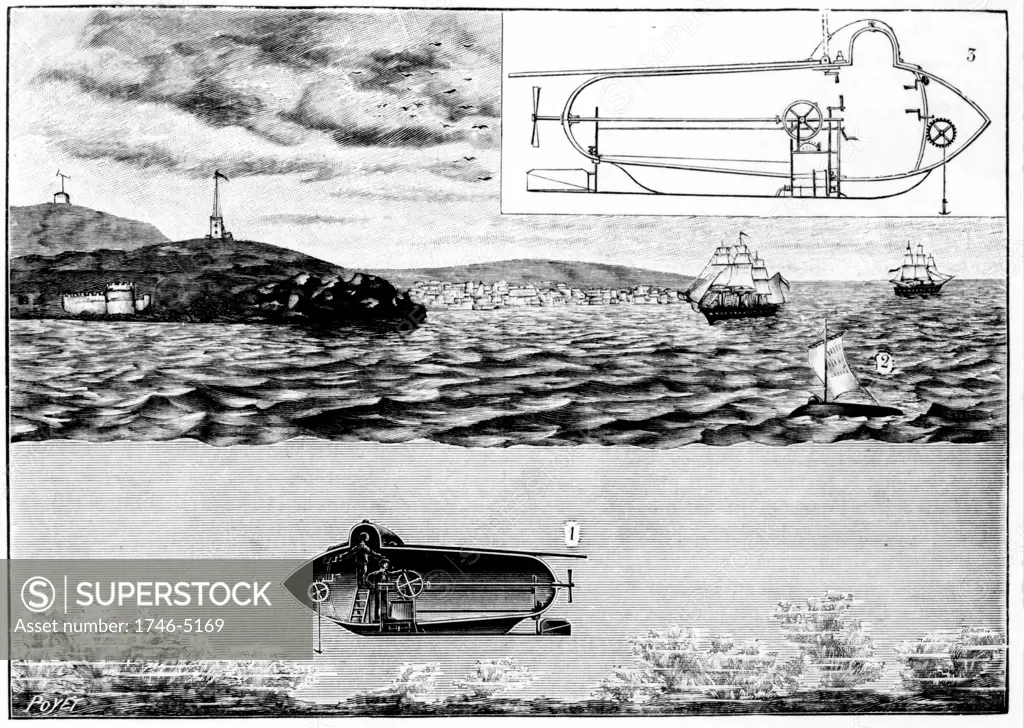 Robert Fulton, American inventor and engineer (1765-1815): His submarine Nautilus . 1)Travelling on surface:  2)Submerged. Fulton demonstrated the vessel on the Seine, May 1801. Boat powered manually. Engraving Paris 1901