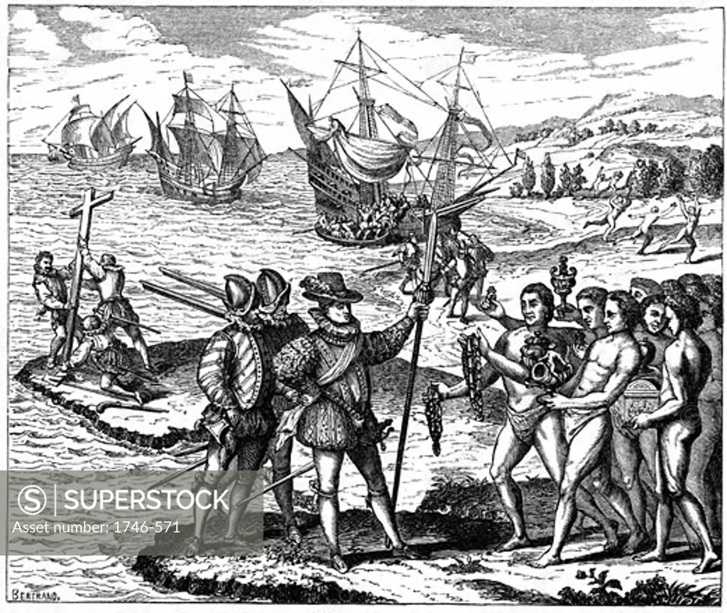 Christopher Columbus (1451-1506) Genoese explorer, discovering America - 12 May 1492. From engraving by Theodore de Bry 1590