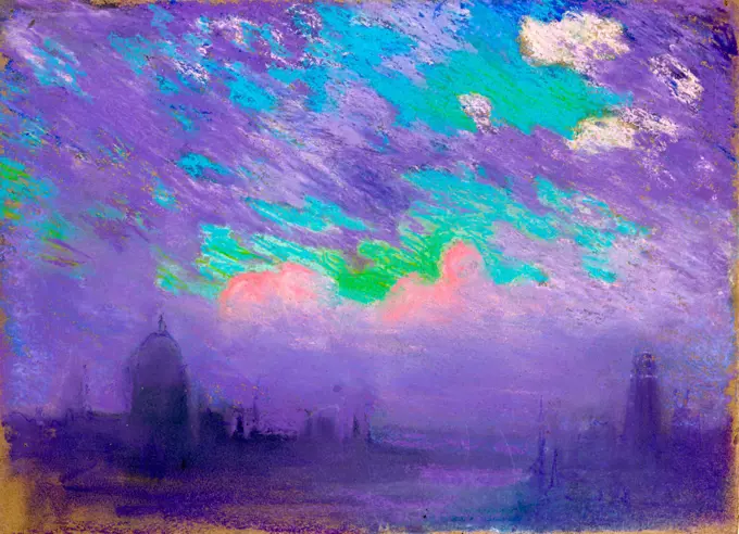 Green, blue and purple by American artist Joseph Pennell, 1857-1926. View of London in dark blue and purple light under a sky richly lighted with the late evening sunset glow. Colours, blue, green, purple, rose, orange, white, black, grey, and violet on brown paper. Dated between 1880 and 1926