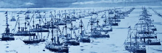 Illustration depicting ships of the British Navy anchored off of Spithead. Spithead is an aread of the Solent in Hampshire, England. The Fleet Review, a British tradition where the Monarch reviews the massed Royal Navy, usually takes place in Spithead. Dated 1897