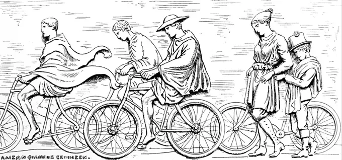 Satirical illustration based on a modern day take upon an ancient Greek frieze adapted to show cyclists in the 1896 Athens Olympic Games