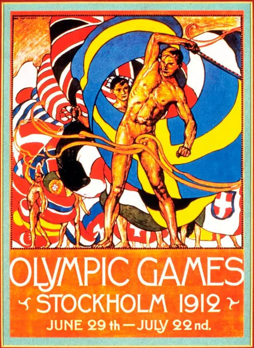 Colour poster advertising the Stockholm Olympic Games. Dated 1912