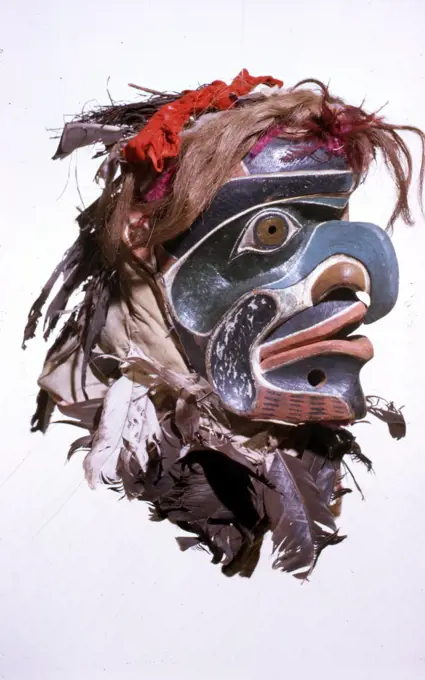 Native Indian wooden mask. decorated, Eskimo, (Inuit). Canada 1870