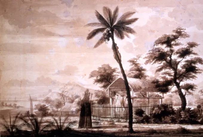 House of the DEAD, Tahiti by Sydney Parkinson (c. 1745 - 1771), a Scottish botanical illustrator and natural history artist. He was the first European artist to visit Australia, New Zealand and Tahiti. Parkinson was employed by Joseph Banks to travel with him on James Cook's first voyage to the Pacific in 1768, in HMS Endeavour.