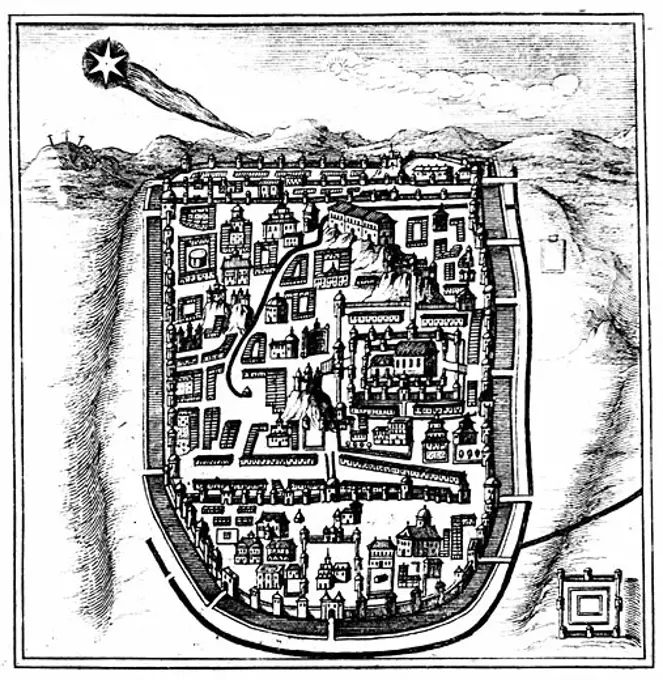 Comet of 66 AD (Halley) over Jerusalem. From Lubenietski Historia Universalis Omulum Cometarum Amsterdam 1666. Engraving