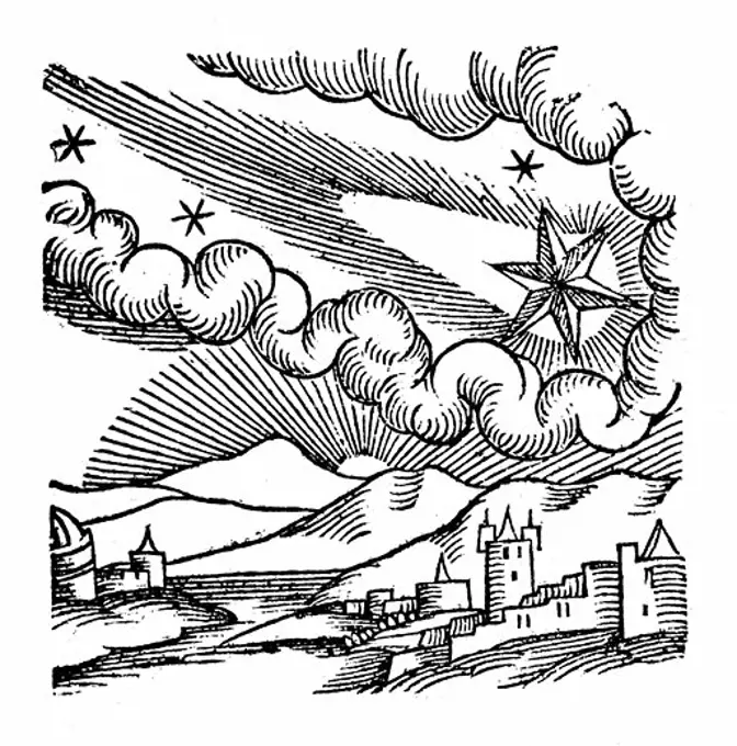 Comet of 1546 (Halley). At this appearance the comet was excommunicated by Pope Calixtus III. From Lycosthenes Prodigioum ac ostentorum chronicon Basle 1557. Woodcut