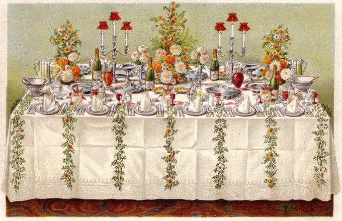 Table covered with a linen cloth and set for a buffet for ball or an evening party From "Household Management" by Isabella Beeton (London, 1906) Oleograph