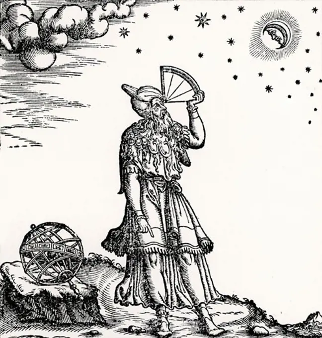 An astronomer, probably supposed to be Ptolemy of Alexandria (active 150 AD) observing the Moon and stars using a quadrant. Woodcut from Del Misuarar by Silvio Belli (Venice, 1570).