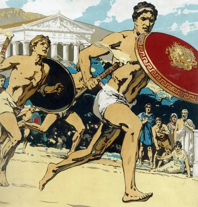 Ancient Olympic Games: the relay race. Runners had to keep alight the flame and hand it to their fellows.This 1922 reconstruction shows runner protecting flame with shield. Chromolithograph.