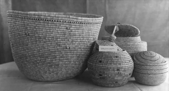 Group of Native American Indian baskets, some with lids. Twentieth century 20th century