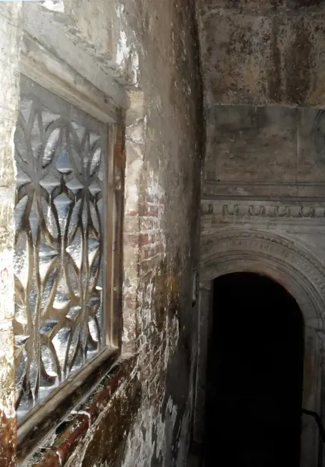 View inside the Bridge of Sighs at the Doge's Palace, Venice, Italy