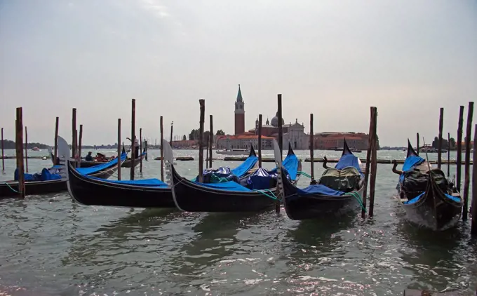 Gondolas moored at St Mark's square, Venice, Italy.