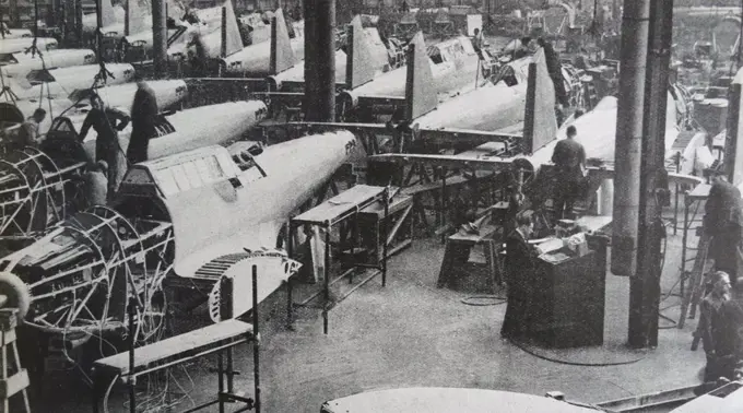 Photograph of the construction of British bomber planes. Dated 1939