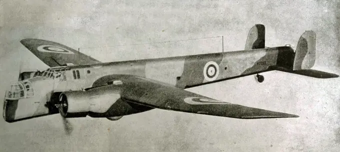 Photograph of the ''Whitley'' British Bomber plane. The particular type of plane had the ability to carry a heavy load of bombs and artillery. Dated 1939