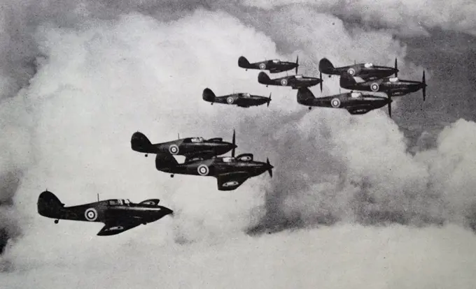 Photograph of the Hurricane Squadron. Equipped with the Rolls-Royce Merlin engine the top speed was 1,000 mph. Dated 1939