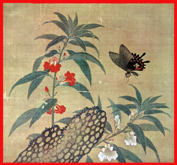 Ming Dynasty, painting on silk showing flowers with a hovering butterfly, chinese 14th century