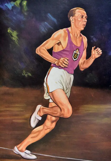 Colour illustration of Gaston Reiff (1921-1992) Belgian athlete, winner of the 1948 Olympic title in the 5,000 m, Summer Olympics. Dated 1948