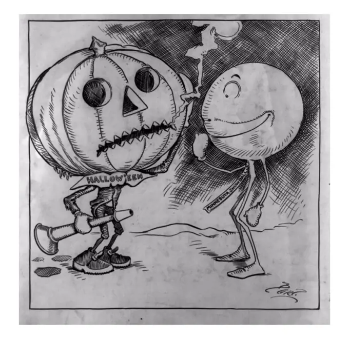 Halloween and the Minnesota snowball by Charles Lewis Bartholomew, 1869-1949. between 1898 and 1915drawing in India ink over pencil on bristol board: Two figures are shown standing outdoors in the snow, one with a jack-o-lantern head and the other with a snowball for a head. The jack-o-lantern wears a bow tie labled 'Halloween' and holds a party horn. From the corner of its mouth, smoky breath eminates, perhaps serving as an indication of the cold temperature. The snowball, in mittens and a ti