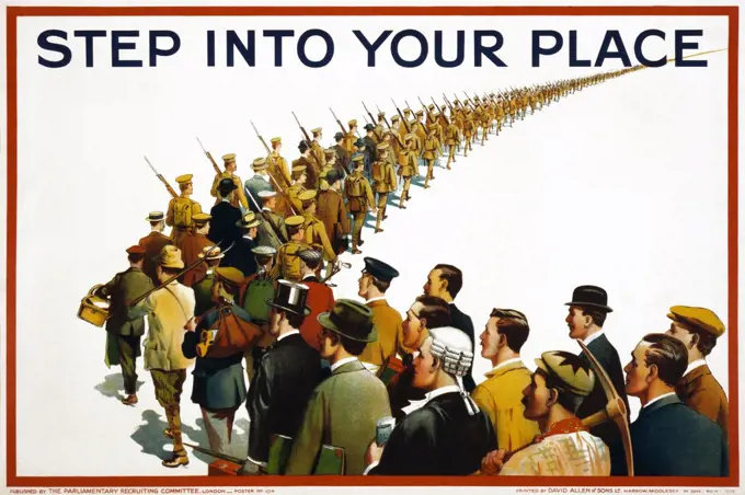 'Step Into Your Place', 1915. Recruiting poster, unknown artist, World War One, 1915. A column of civilians from different professions and trades merge into a line of soldiers going to war