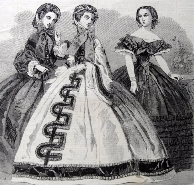 Engraving depicting the Paris Fashion for December. Left to right: Visiting Dress, Walking Dress, Evening Dress. Dated 1860