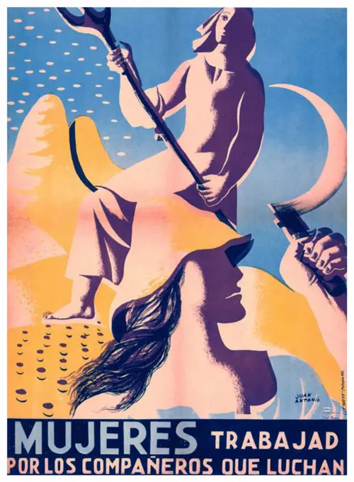 Spanish Civil War republican propaganda poster depicting women farm labourers