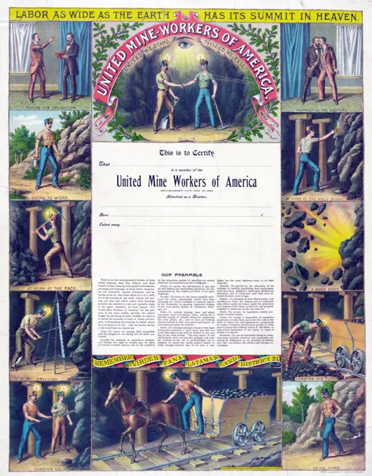 Illustrated certificate provided to members of the 'United Mine-Workers of America'. Created by Kurz and Alison Art Studio. Dated 1899