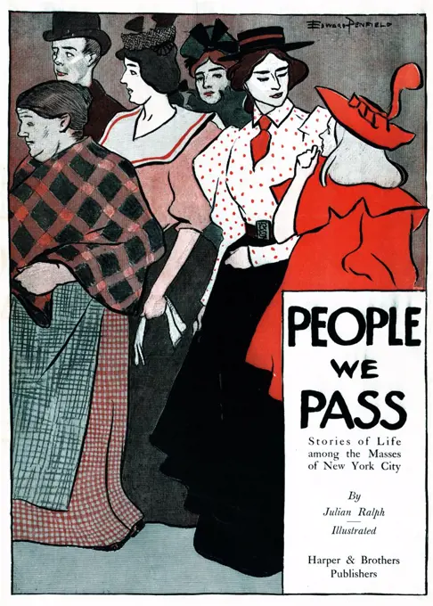 Colour lithograph for the book 'People we pass' written by Julian Ralph (1853-1925). Created by Edward Penfield (1866-1925). Dated 1896