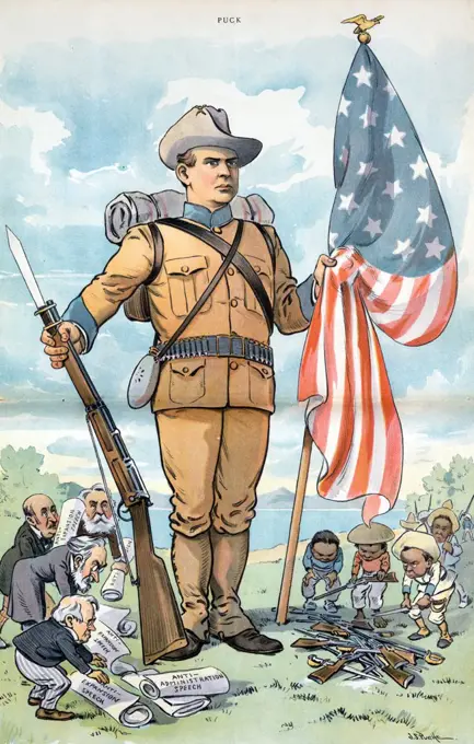 Illustration shows George F. Hoar, Carl Schurz, David B. Hill, and former Massachusetts Governor George S. Boutwell, anti-expansionists, placing their 'Anti-Expansion Speech' at the feet of a huge American soldier holding a rifle and the American flag, while opposite them Filipinos place guns and swords at the soldier's feet. 1902