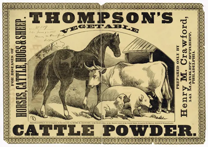 Thompson's vegetable cattle powder For diseases of horses, cattle, hogs & sheep. Advert 1868