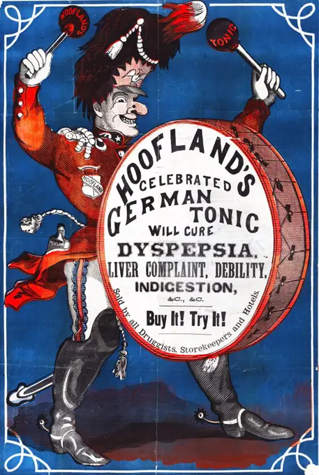 Hoofland's celebrated German tonic water will cure dyspepsia, liver complaint, debility, indigestion: Print showing a drummer in a marching band beating on a drum labeled 'Hoofland's celebrated German tonic water 1865