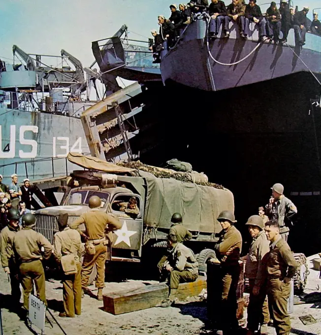 US Navy Landing craft are loaded in England just before the D Day Normandy invasion 1944