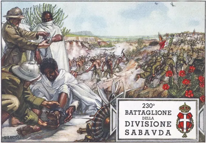 Italian propaganda postcard showing Italian soldiers invading Ethiopia 1936