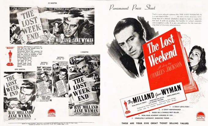 The Lost Weekend is a 1945 American drama film directed by Billy Wilder and starring Ray Milland and Jane Wyman